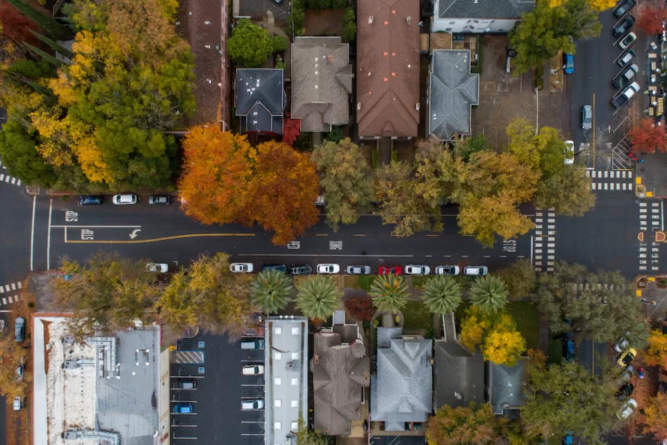 Bird's eye view of houses in midtown Sacramento, California.